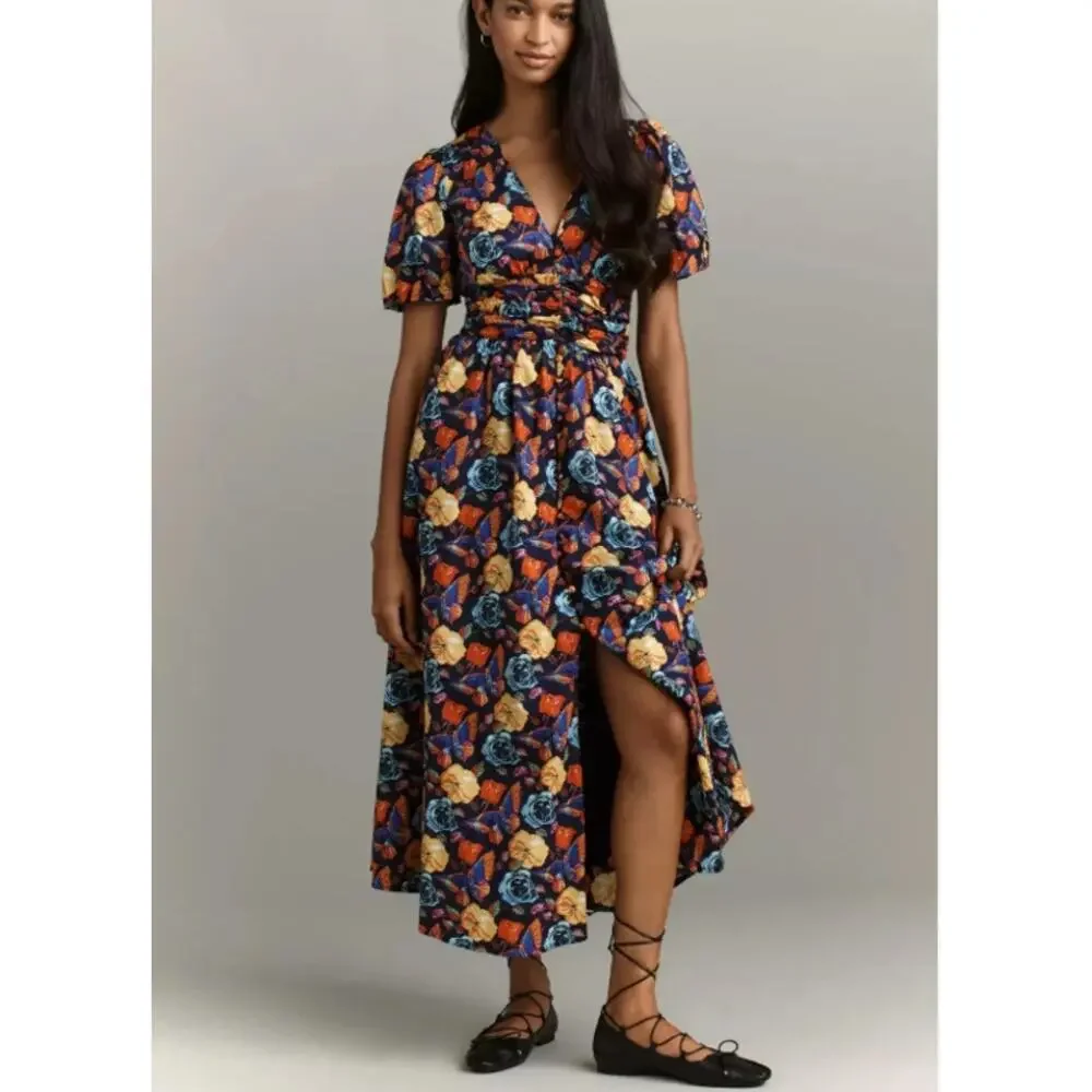 NEW NWT Anthropologie The Katerina Button-Front Dress Navy Floral Maxi Size XL - Picture 2 of 9